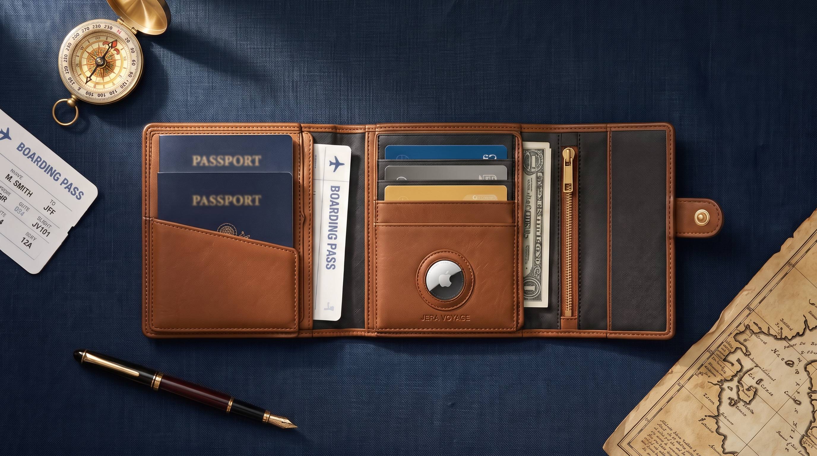 The Voyager opened flat on navy linen: two passports, a boarding pass, cards, an AirTag, cash in the zip pocket and the RFID-blocking lining